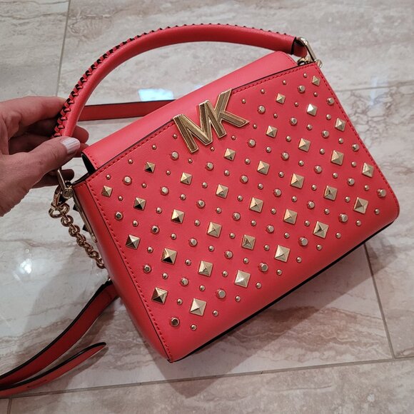 NWOT Michael Kors Gold Studded Crossbody Bag. Red. Gold Chain. Removable Strap. - Picture 3 of 16